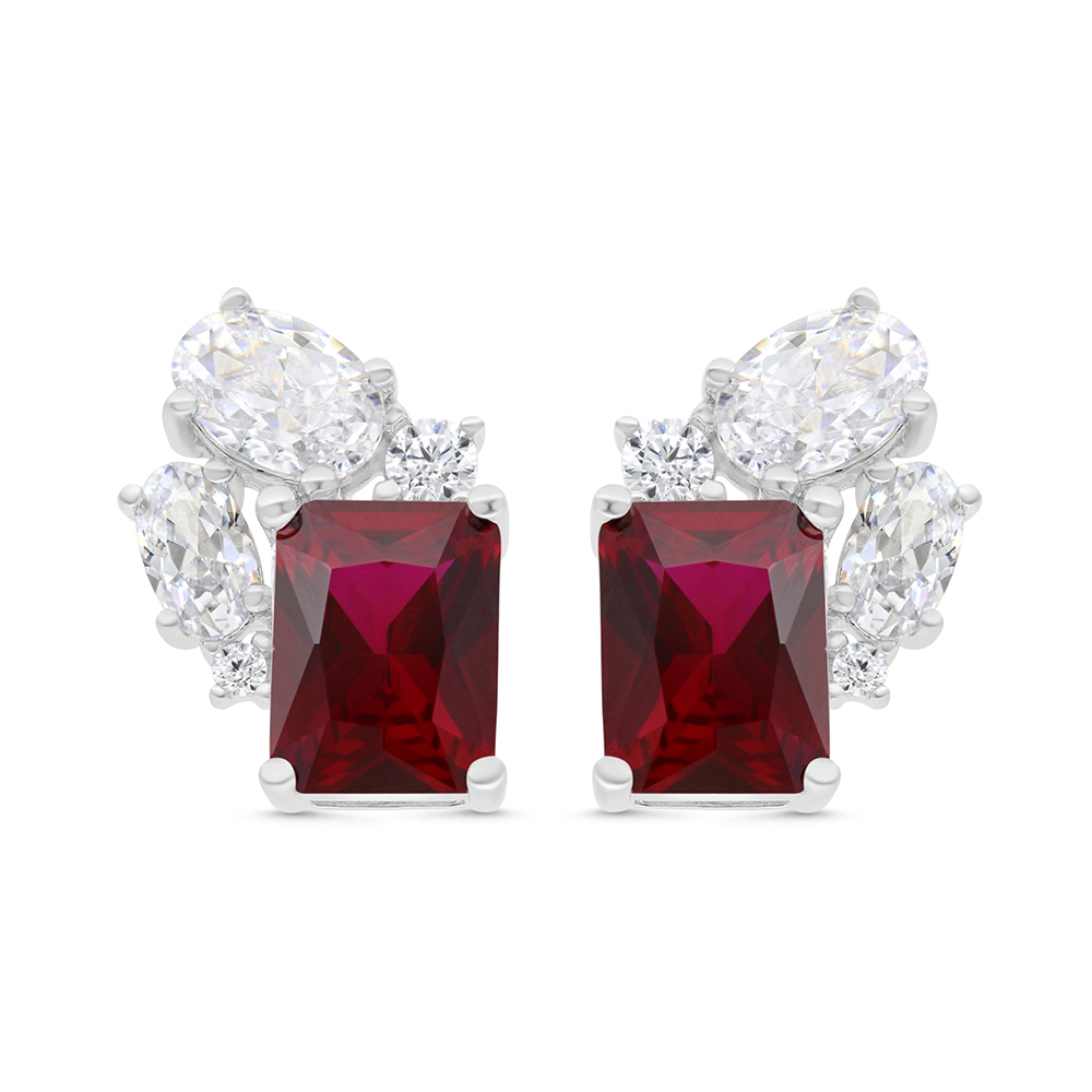 Sterling Silver 925 Earring Rhodium Plated Embedded With Ruby Corundum And White CZ