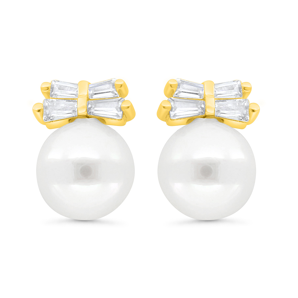 Sterling Silver 925 Earring Gold Plated Embedded With White Shell Pearl And White CZ