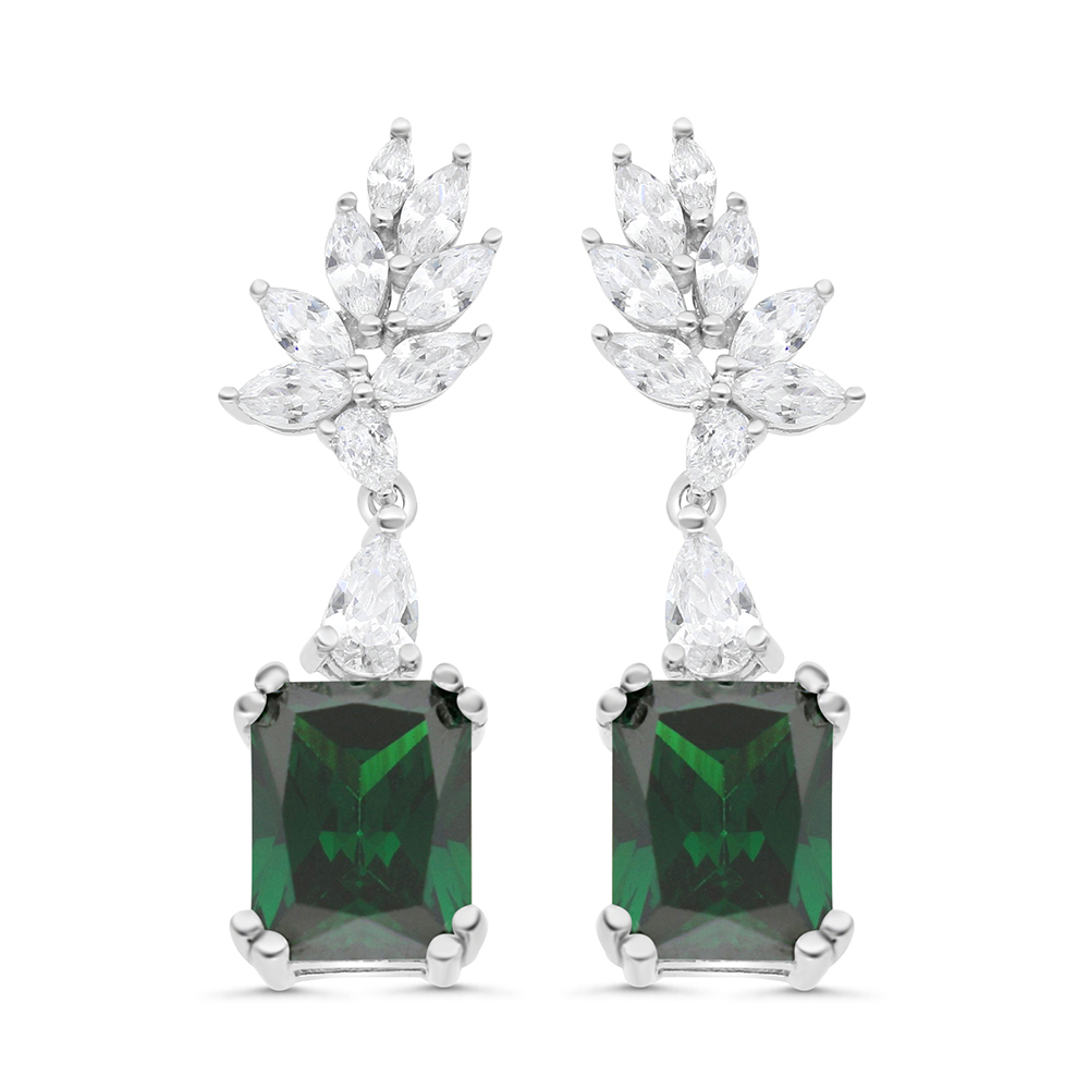 Sterling Silver 925 Earring Rhodium Plated Embedded With Emerald Zircon And White CZ