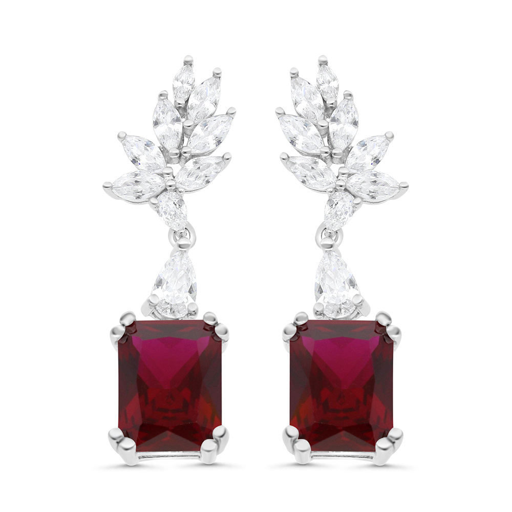 Sterling Silver 925 Earring Rhodium Plated Embedded With Ruby Corundum And White CZ