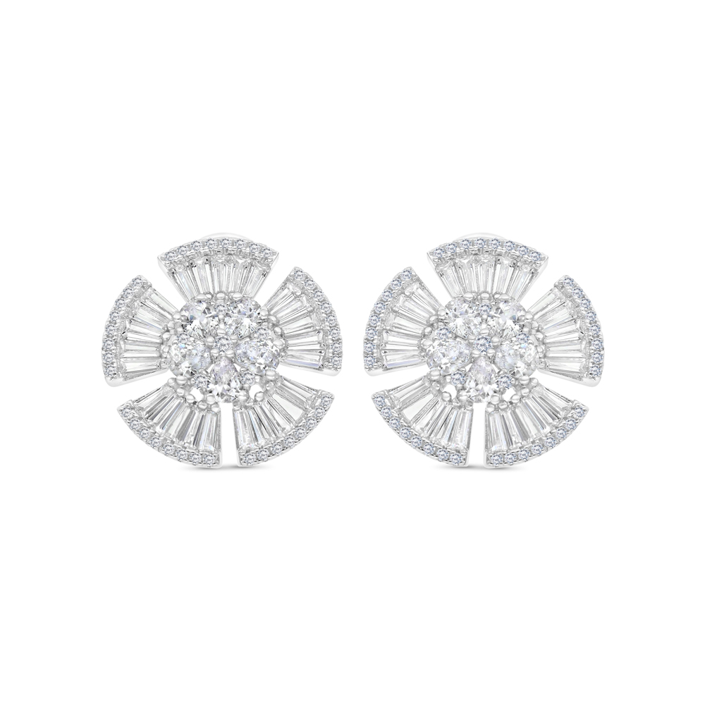 Sterling Silver 925 Earring Rhodium Plated Embedded With White CZ