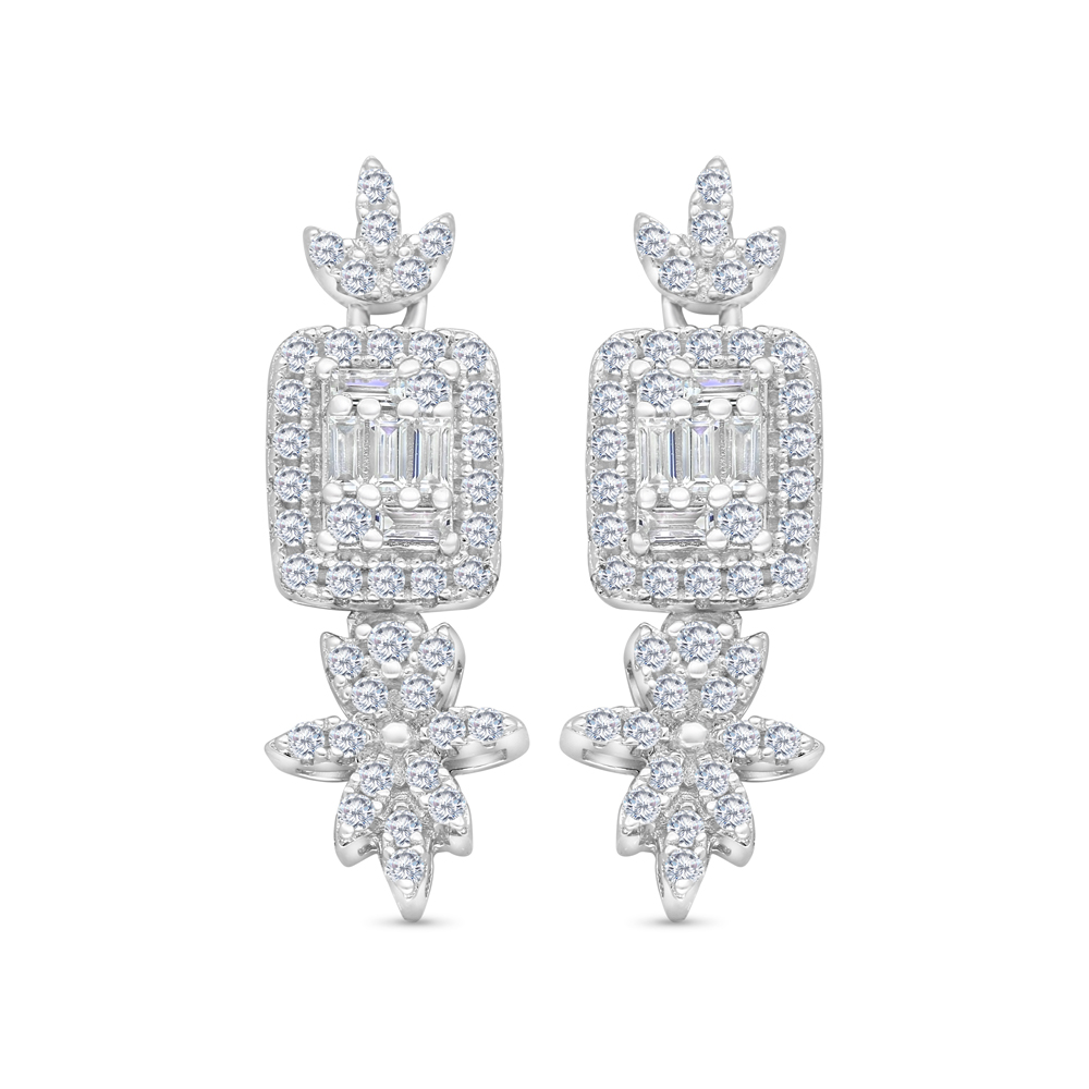 Sterling Silver 925 Earring Rhodium Plated Embedded With White CZ