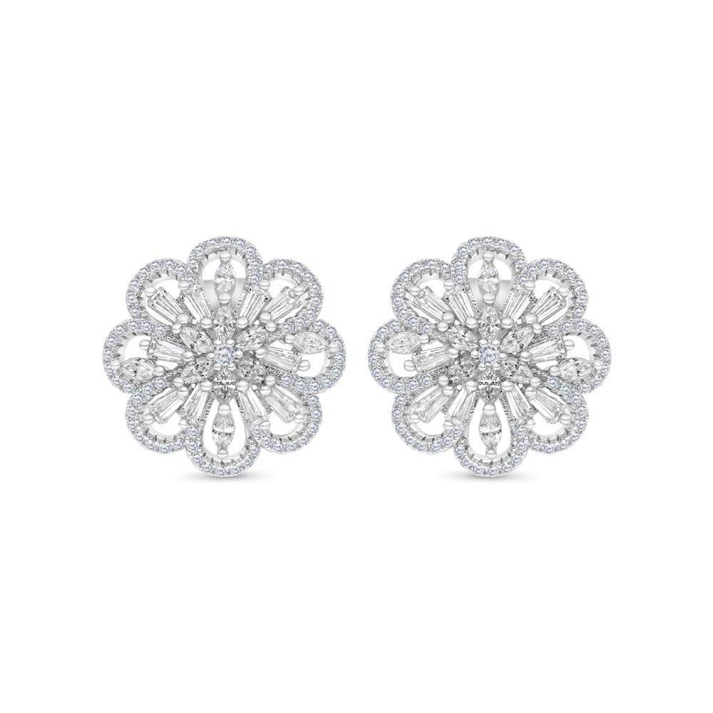 Sterling Silver 925 Earring Rhodium Plated Embedded With White CZ