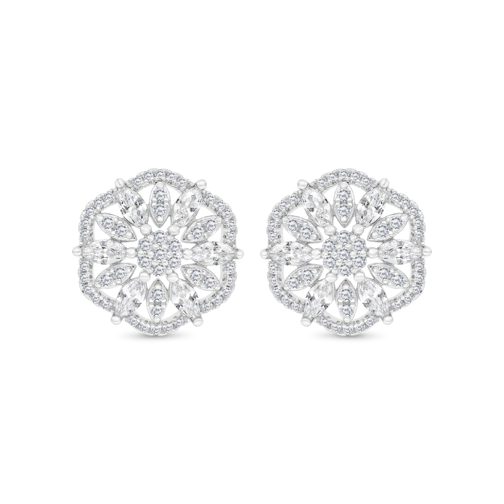 Sterling Silver 925 Earring Rhodium Plated Embedded With White CZ