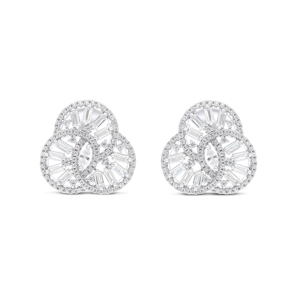 Sterling Silver 925 Earring Rhodium Plated Embedded With White CZ