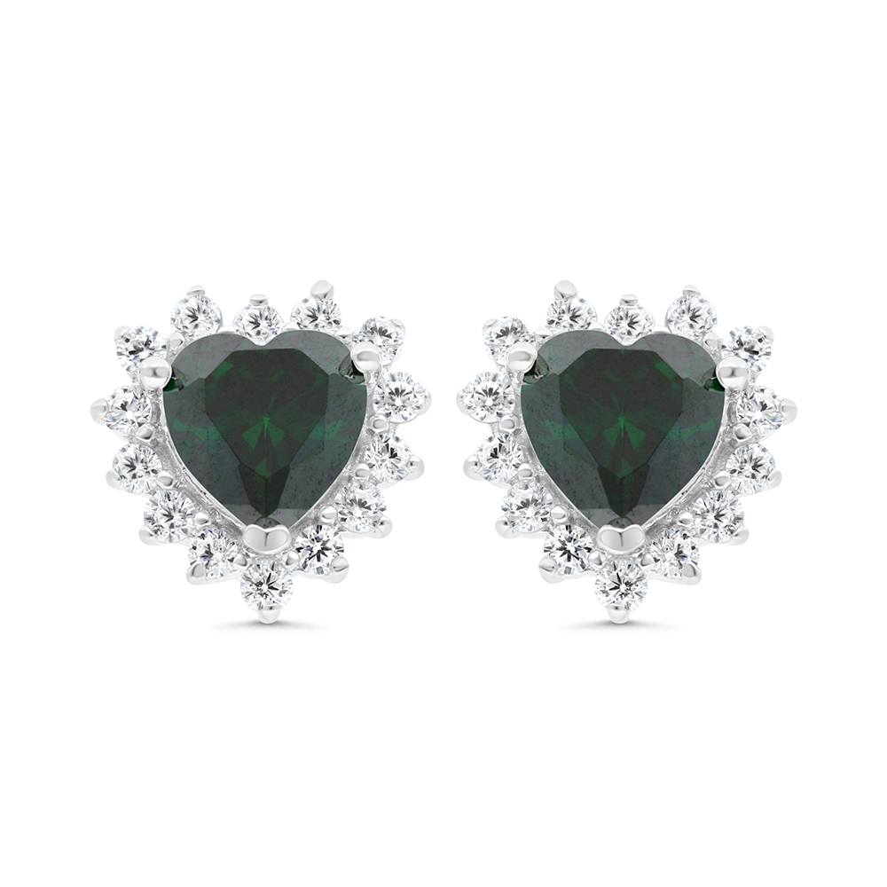 Sterling Silver 925 Earring Rhodium Plated Embedded With Emerald Zircon And White CZ