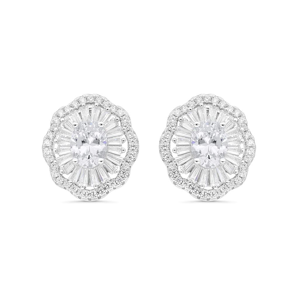 Sterling Silver 925 Earring Rhodium Plated Embedded With Yellow Zircon And White CZ