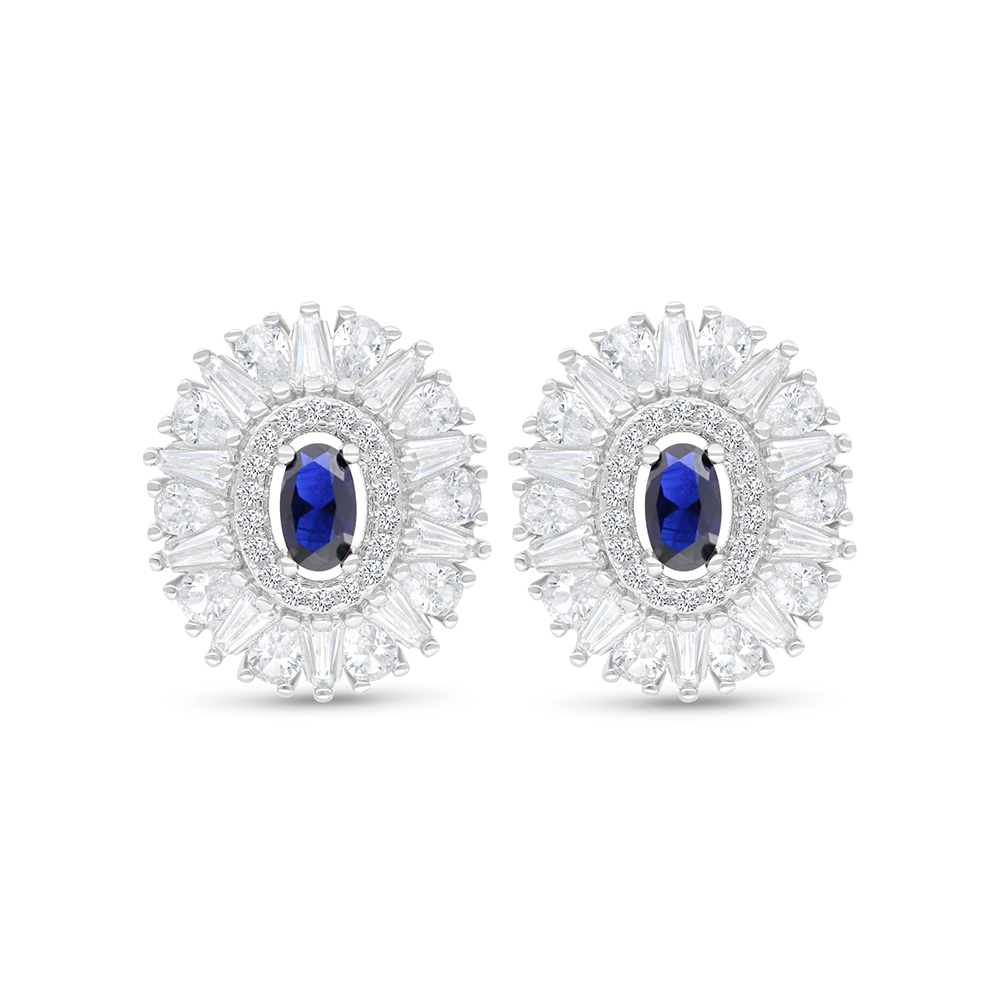 Sterling Silver 925 Earring Rhodium Plated Embedded With Sapphire Corundum And White CZ