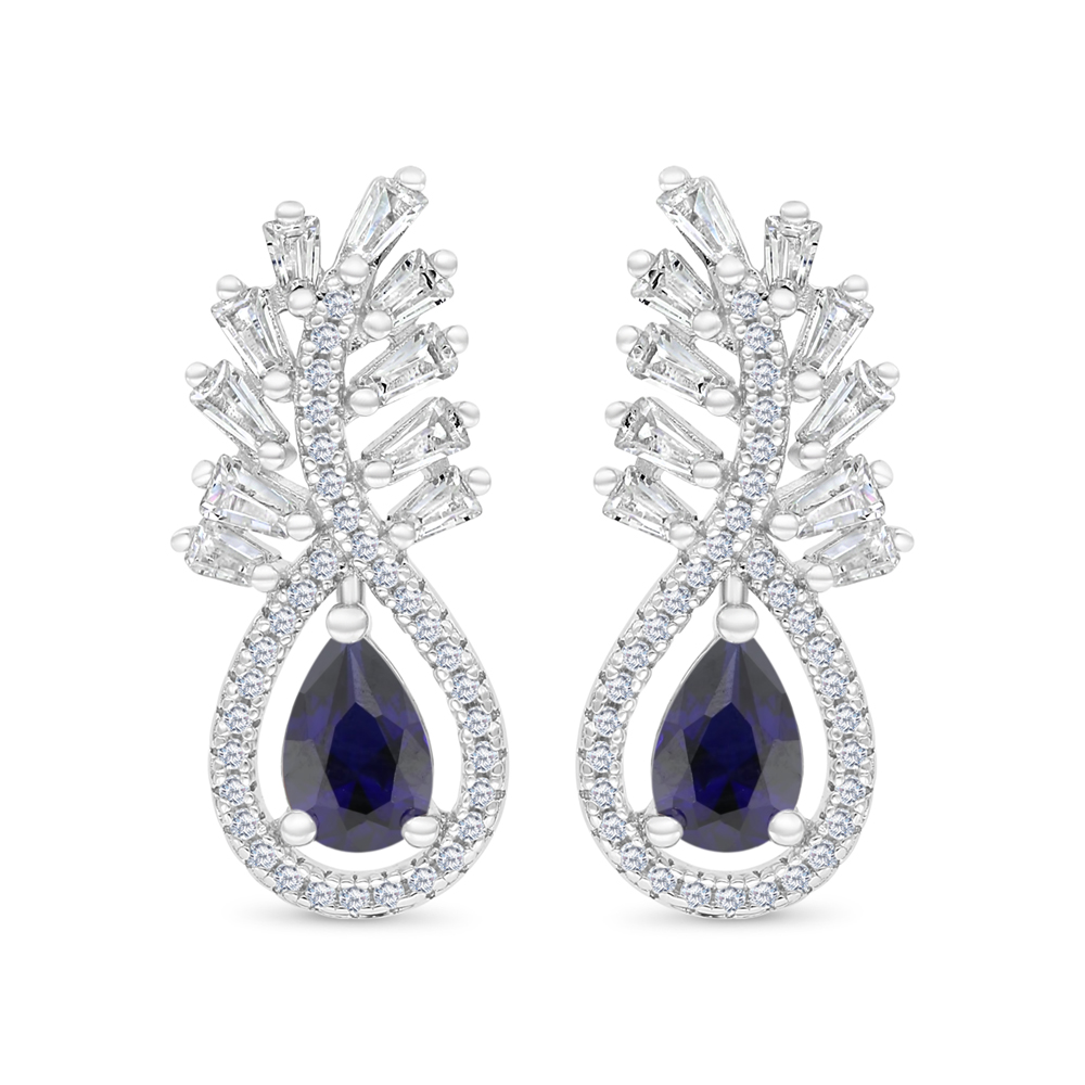 Sterling Silver 925 Earring Rhodium Plated Embedded With Sapphire Corundum And White CZ