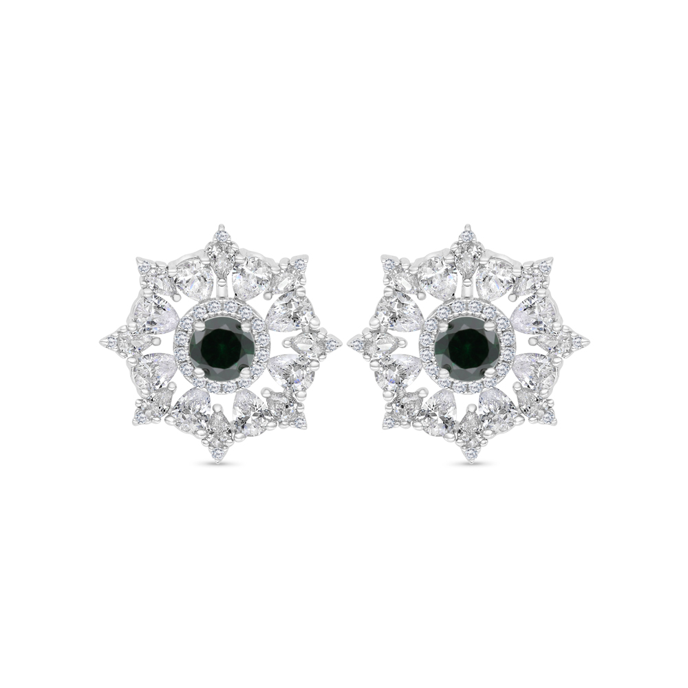 Sterling Silver 925 Earring Rhodium Plated Embedded With Emerald Zircon And White CZ