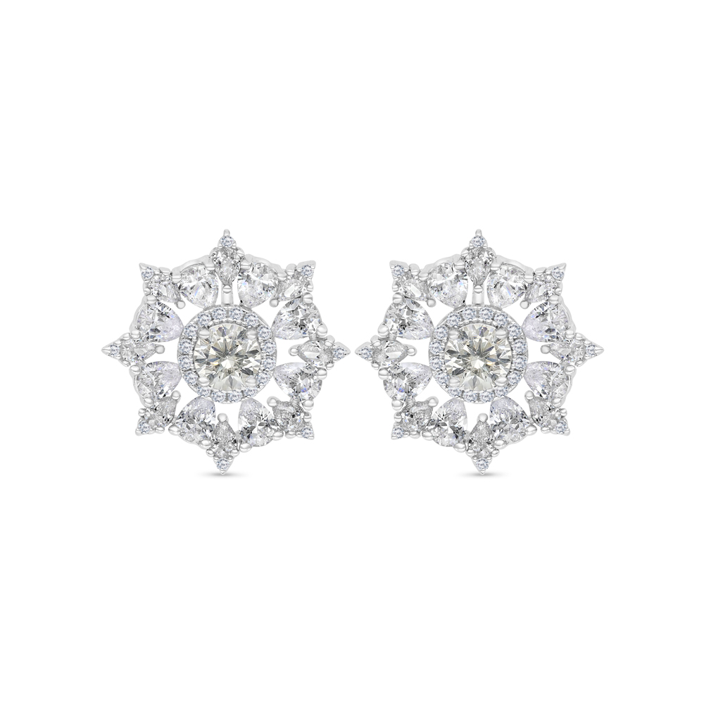 Sterling Silver 925 Earring Rhodium Plated Embedded With Yellow Zircon And White CZ