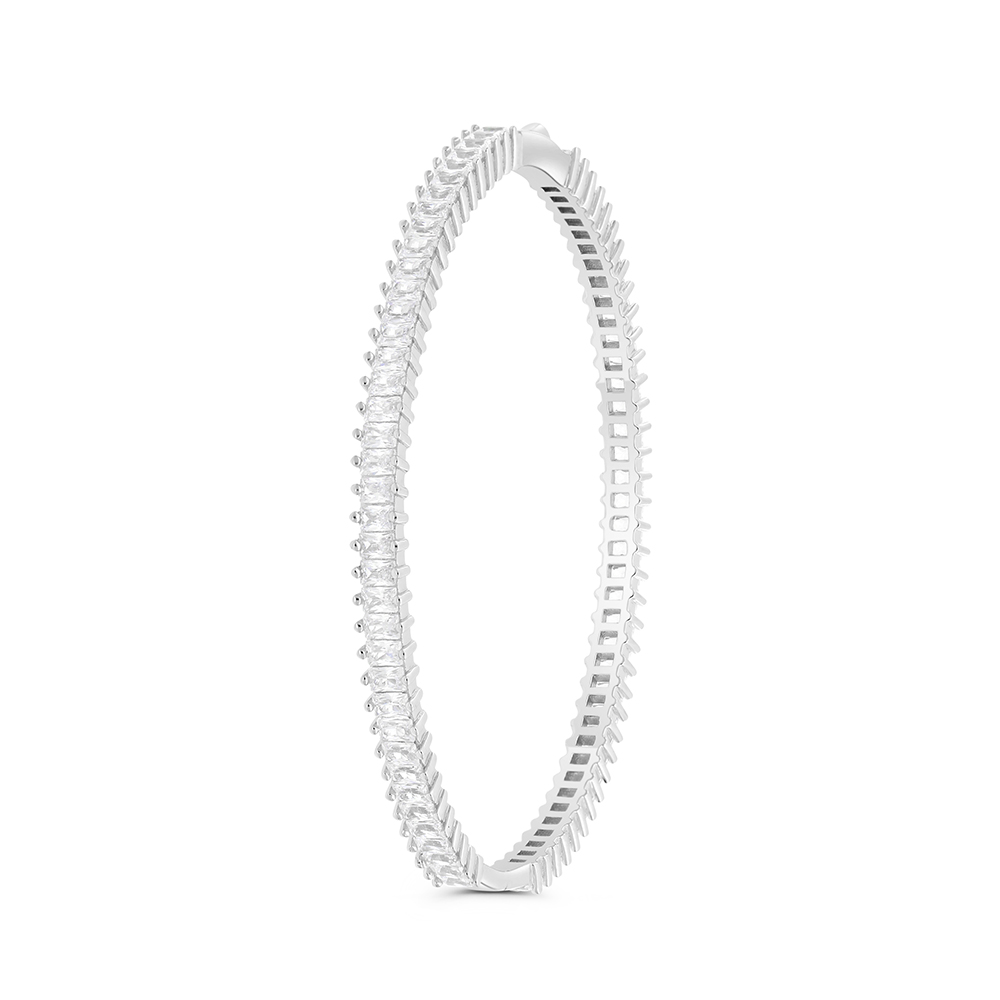 Sterling Silver 925 Bangle Rhodium Plated Embedded With White CZ