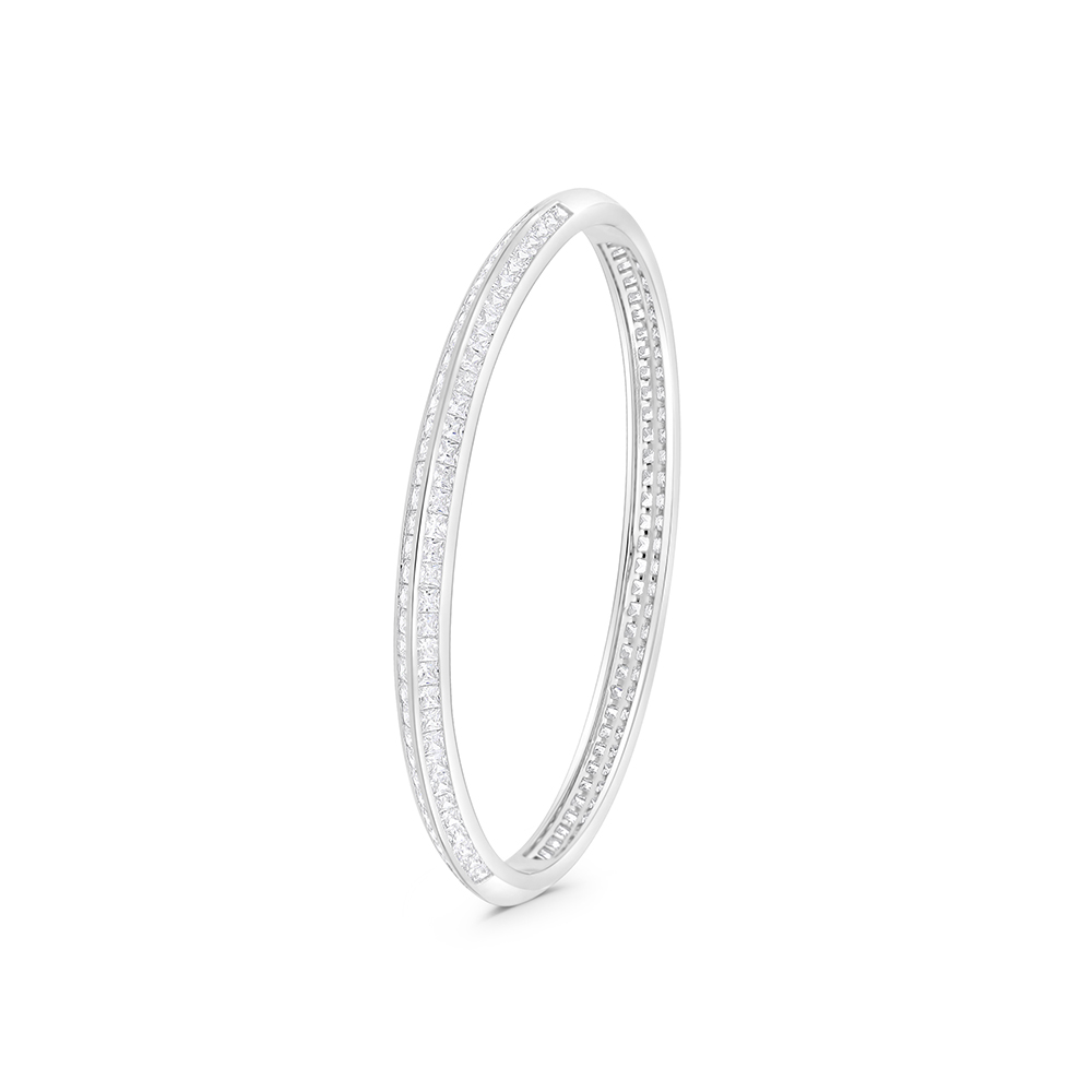 Sterling Silver 925 Bangle Rhodium Plated Embedded With White CZ