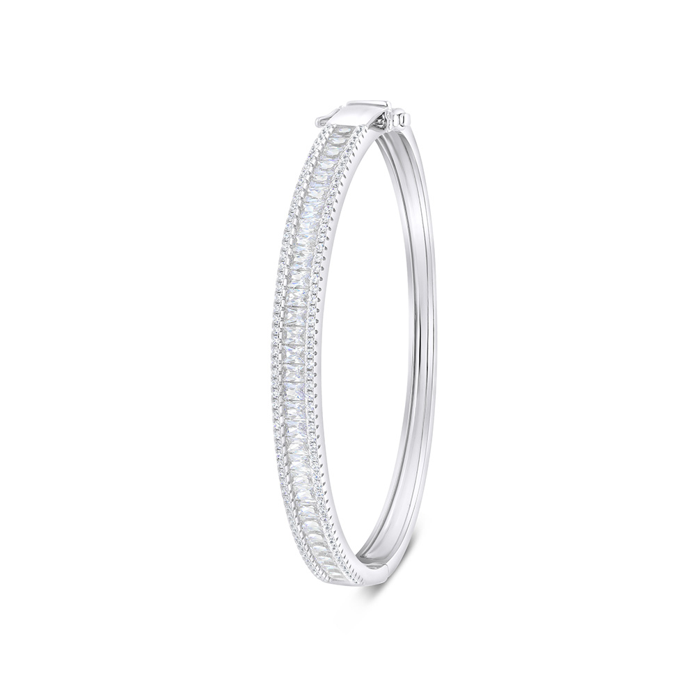 Sterling Silver 925 Bangle Rhodium Plated Embedded With White CZ