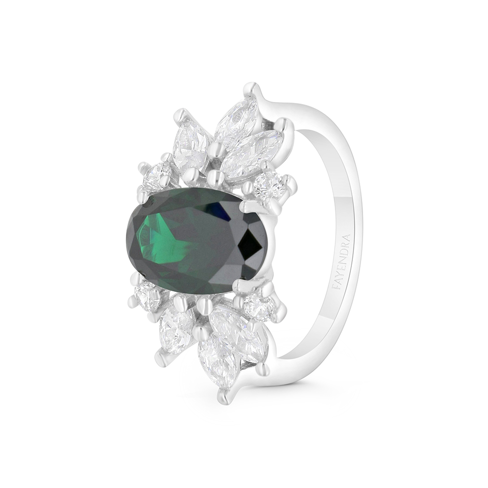 Sterling Silver 925 Ring Rhodium Plated Embedded With Emerald Zircon And White CZ