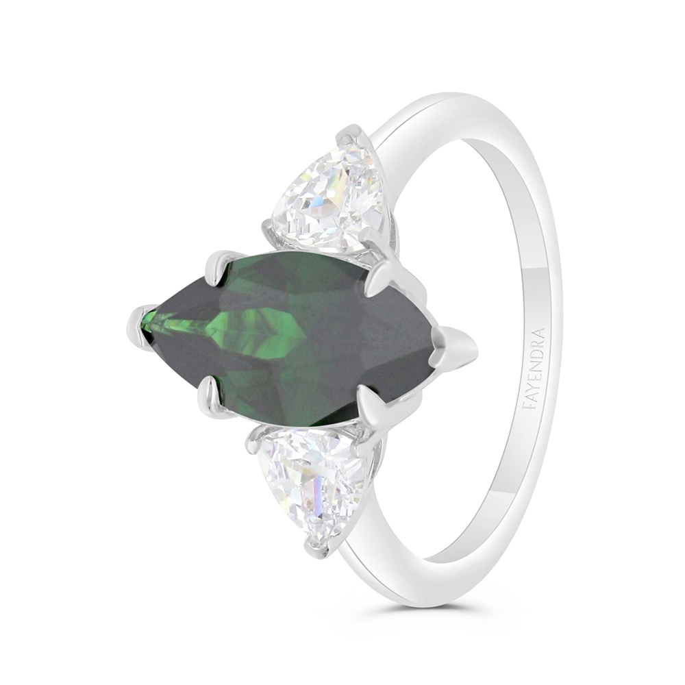 Sterling Silver 925 Ring Rhodium Plated Embedded With Emerald Zircon And White CZ