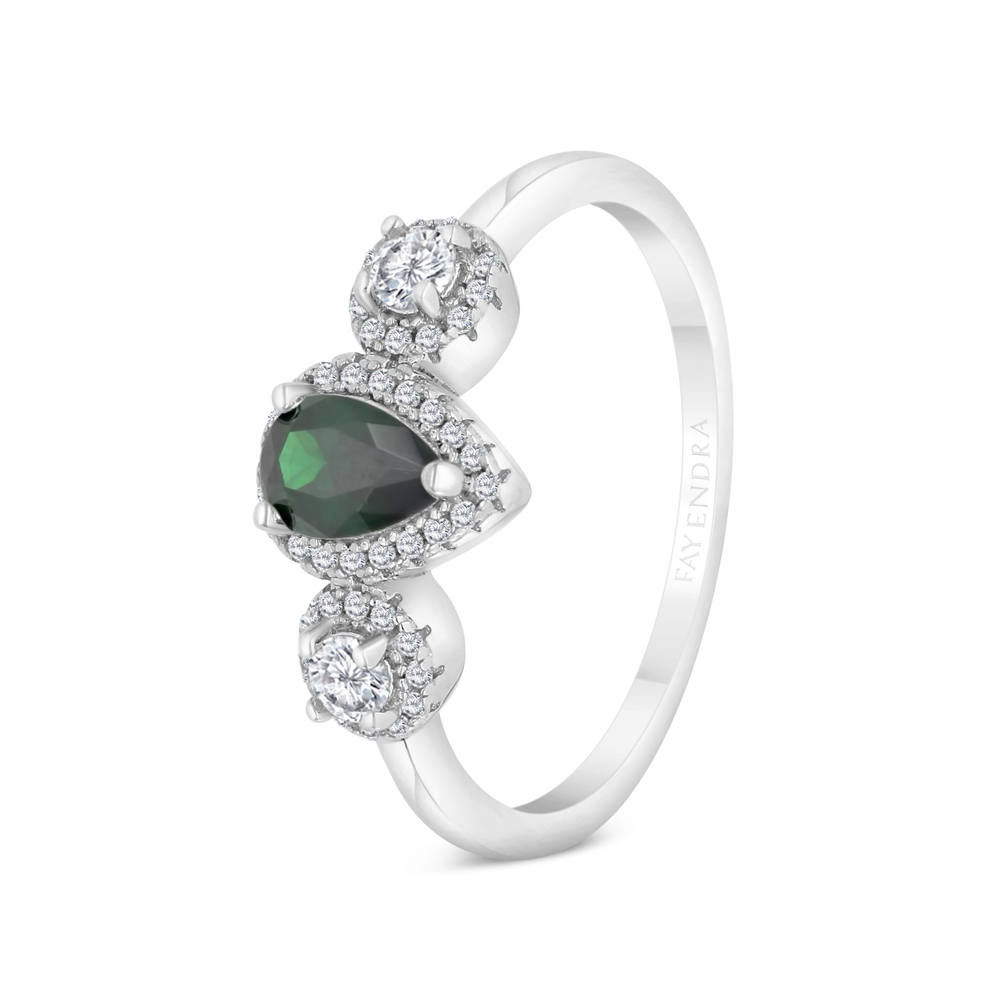 Sterling Silver 925 Ring Rhodium Plated Embedded With Emerald Zircon And White CZ