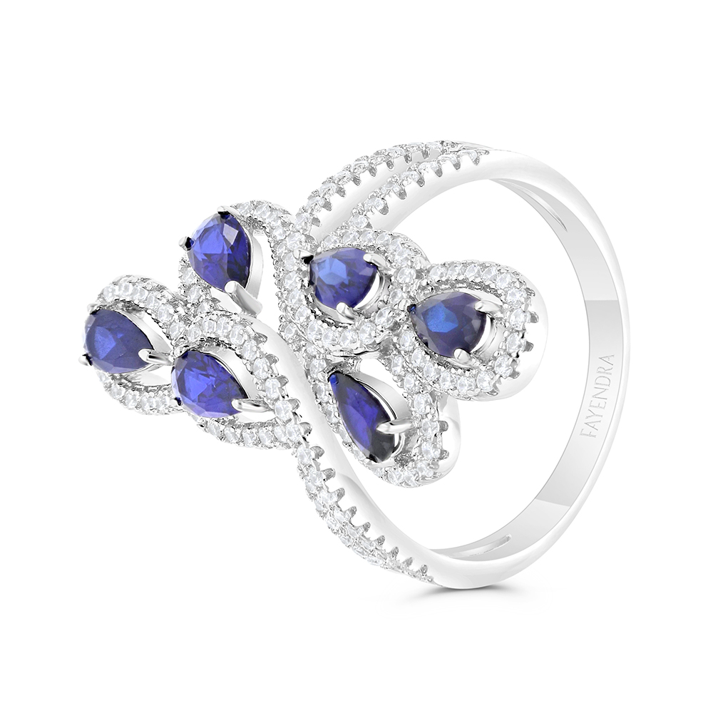 Sterling Silver 925 Ring Rhodium Plated Embedded With Sapphire Corundum And White CZ