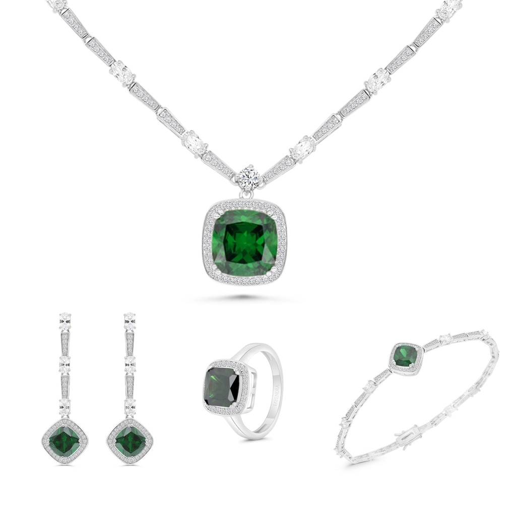 Sterling Silver 925 SET Rhodium Plated Embedded With Emerald Zircon And White CZ