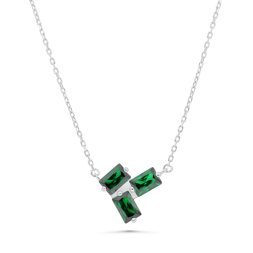 Sterling Silver 925 Necklace Rhodium Plated Embedded With Emerald Zircon