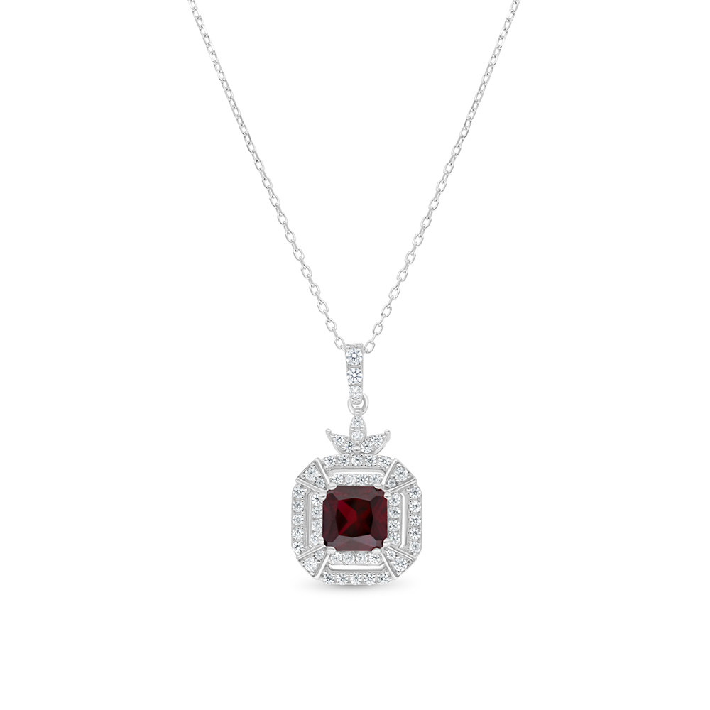 Sterling Silver 925 Necklace Rhodium Plated Embedded With Ruby Corundum And White CZ