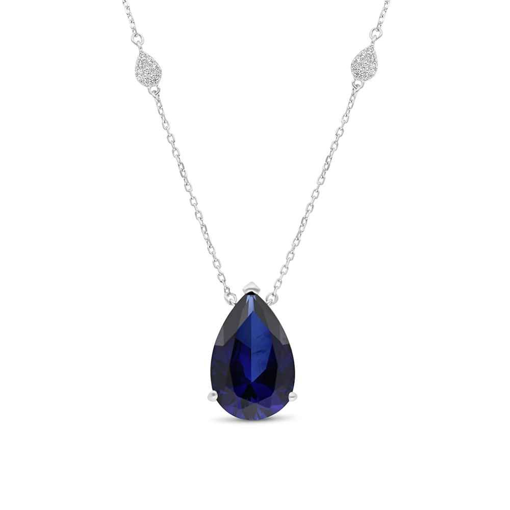 Sterling Silver 925 Necklace Rhodium Plated Embedded With Sapphire Corundum And White CZ