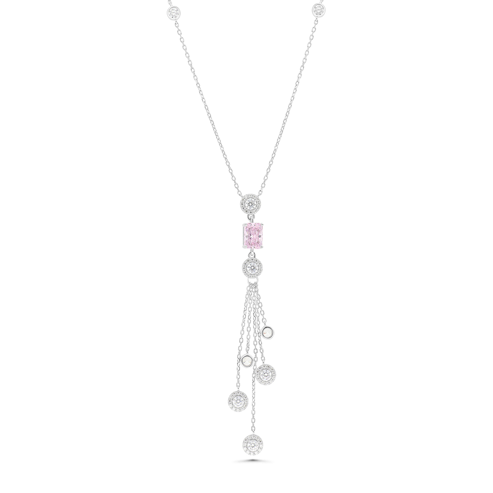 Sterling Silver 925 Necklace Rhodium Plated Embedded With pink Zircon And White CZ