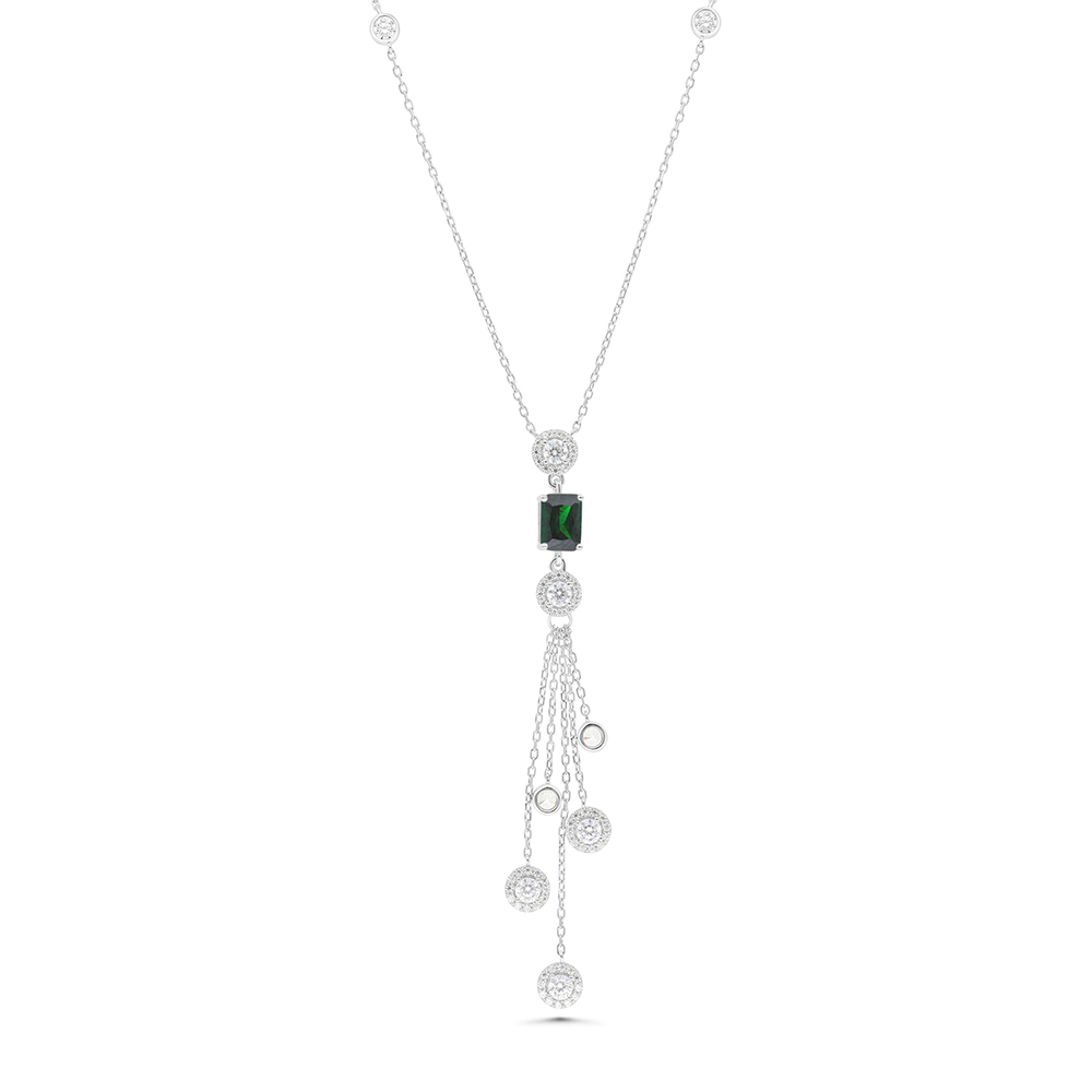 Sterling Silver 925 Necklace Rhodium Plated Embedded With Emerald Zircon And White CZ