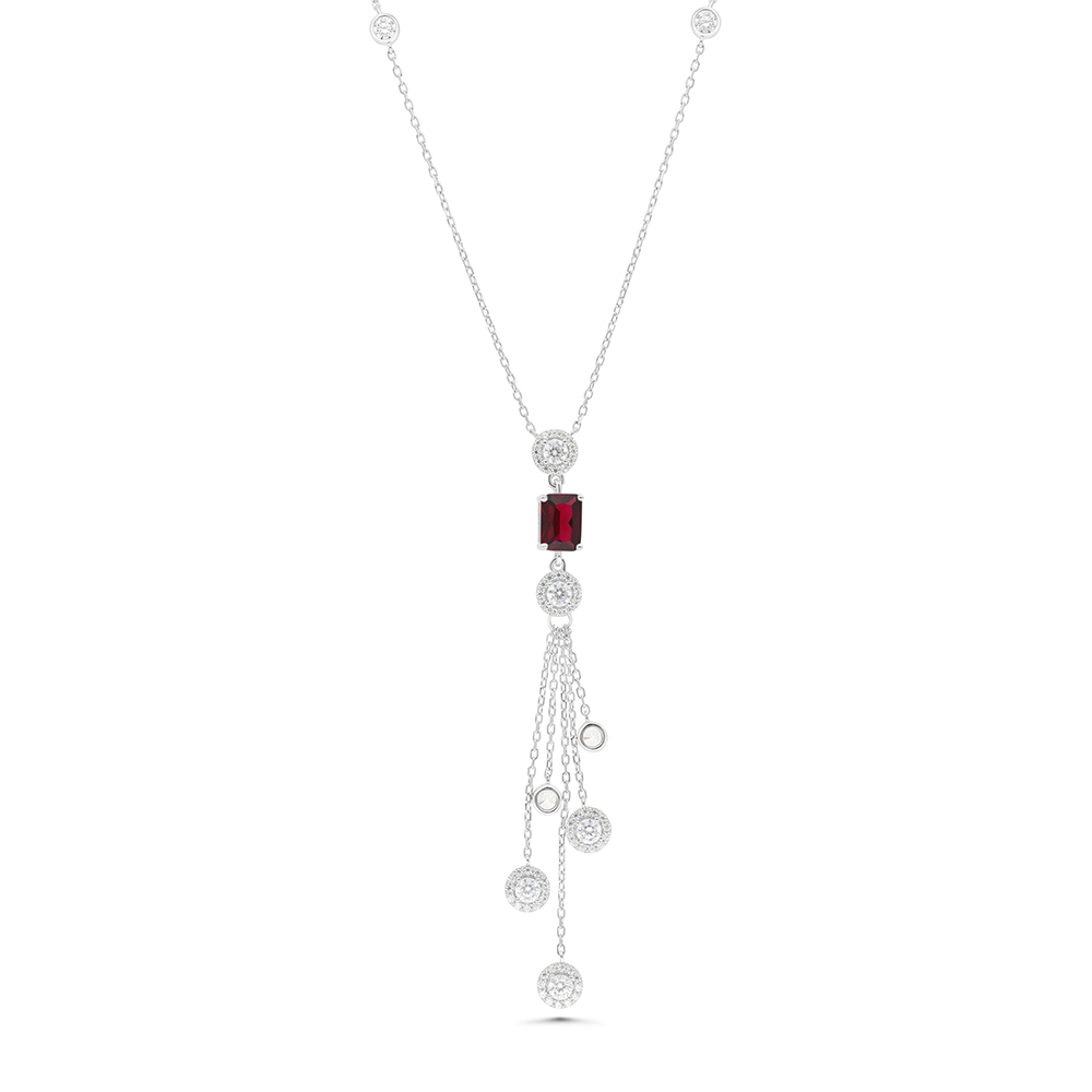 Sterling Silver 925 Necklace Rhodium Plated Embedded With Ruby Corundum And White CZ