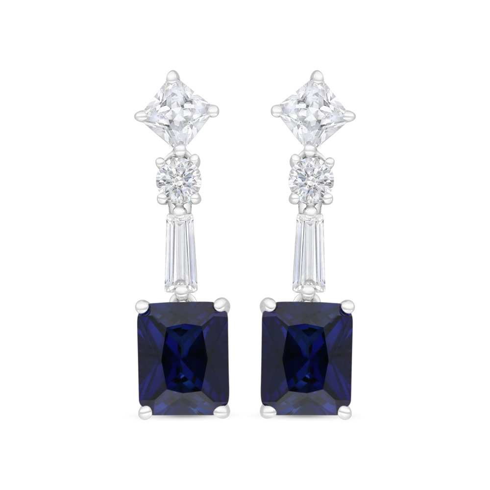 Sterling Silver 925 Earring Rhodium Plated Embedded With Sapphire Corundum And White CZ