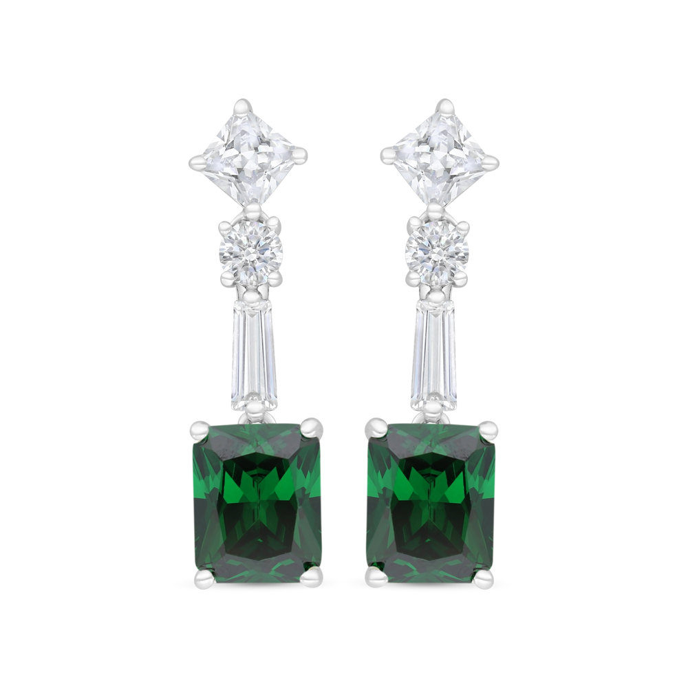 Sterling Silver 925 Earring Rhodium Plated Embedded With Emerald Zircon And White CZ
