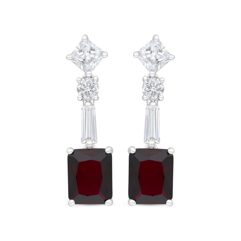 Sterling Silver 925 Earring Rhodium Plated Embedded With Ruby Corundum And White CZ