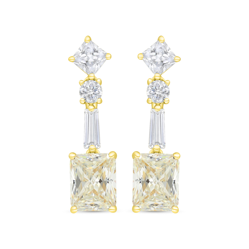 Sterling Silver 925 Earring Gold Plated Embedded With Yellow Zircon And White CZ