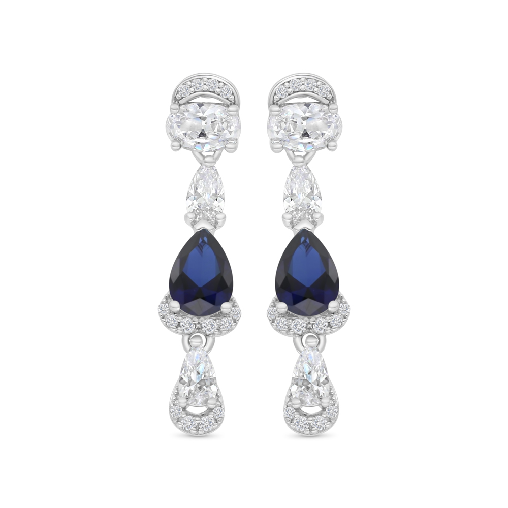 Sterling Silver 925 Earring Rhodium Plated Embedded With Sapphire Corundum And White CZ