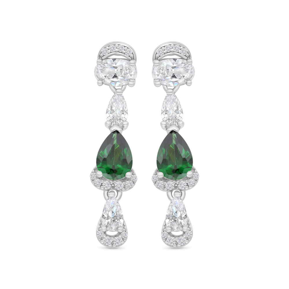 Sterling Silver 925 Earring Rhodium Plated Embedded With Emerald Zircon And White CZ