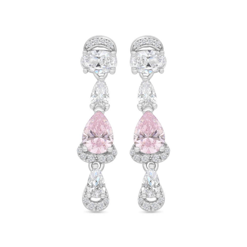 Sterling Silver 925 Earring Rhodium Plated Embedded With pink Zircon And White CZ