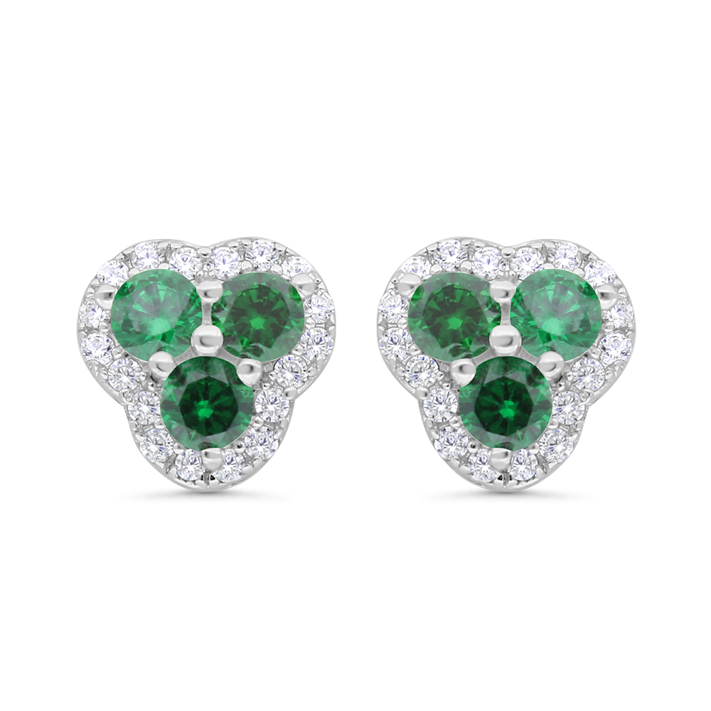 Sterling Silver 925 Earring Rhodium Plated Embedded With Emerald Zircon And White CZ