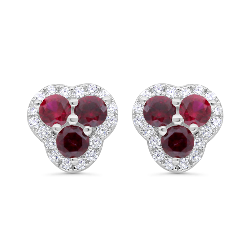 Sterling Silver 925 Earring Rhodium Plated Embedded With Ruby Corundum And White CZ