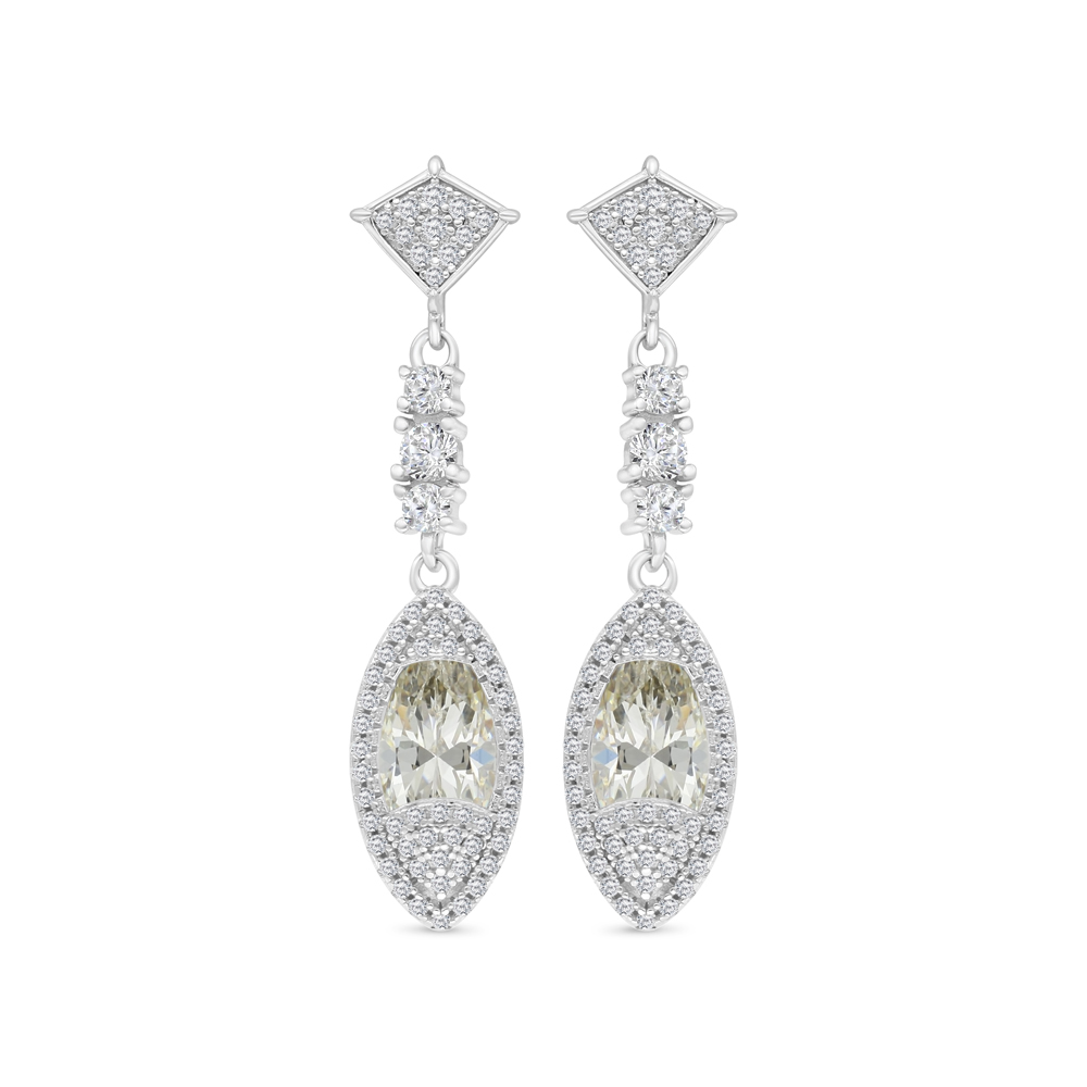 Sterling Silver 925 Earring Rhodium Plated Embedded With Yellow Zircon And White CZ