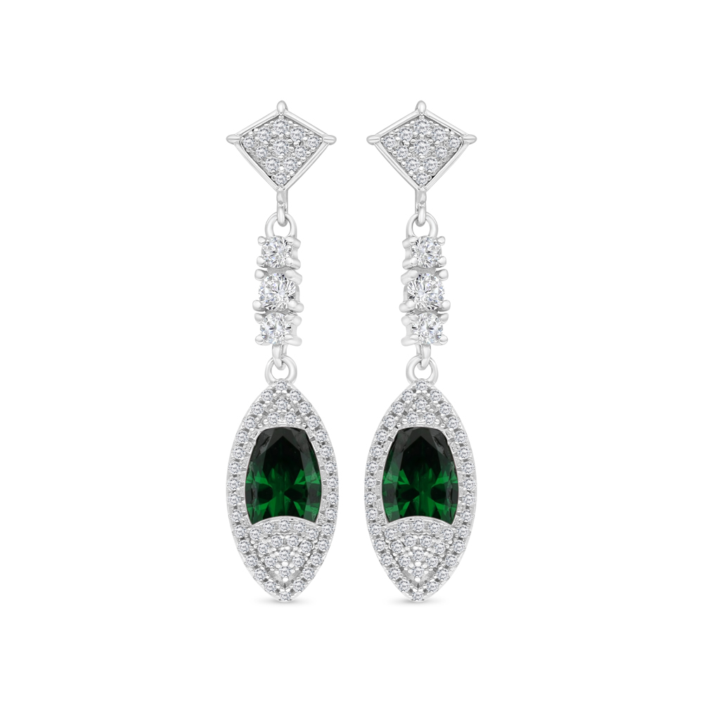 Sterling Silver 925 Earring Rhodium Plated Embedded With Emerald Zircon And White CZ