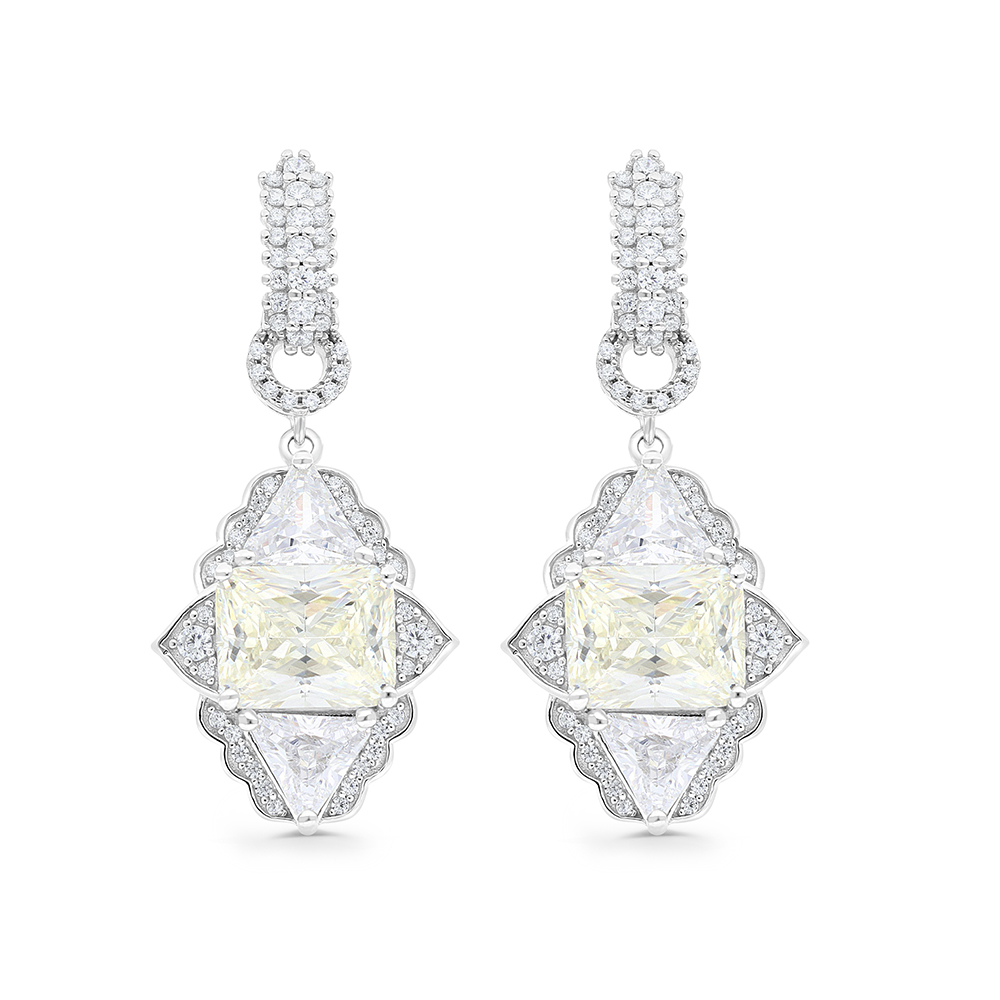 Sterling Silver 925 Earring Rhodium Plated Embedded With Yellow Zircon And White CZ