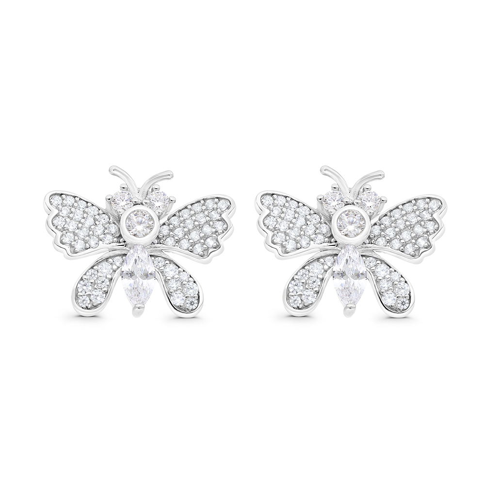 Sterling Silver 925 Earring Rhodium Plated Embedded With White CZ