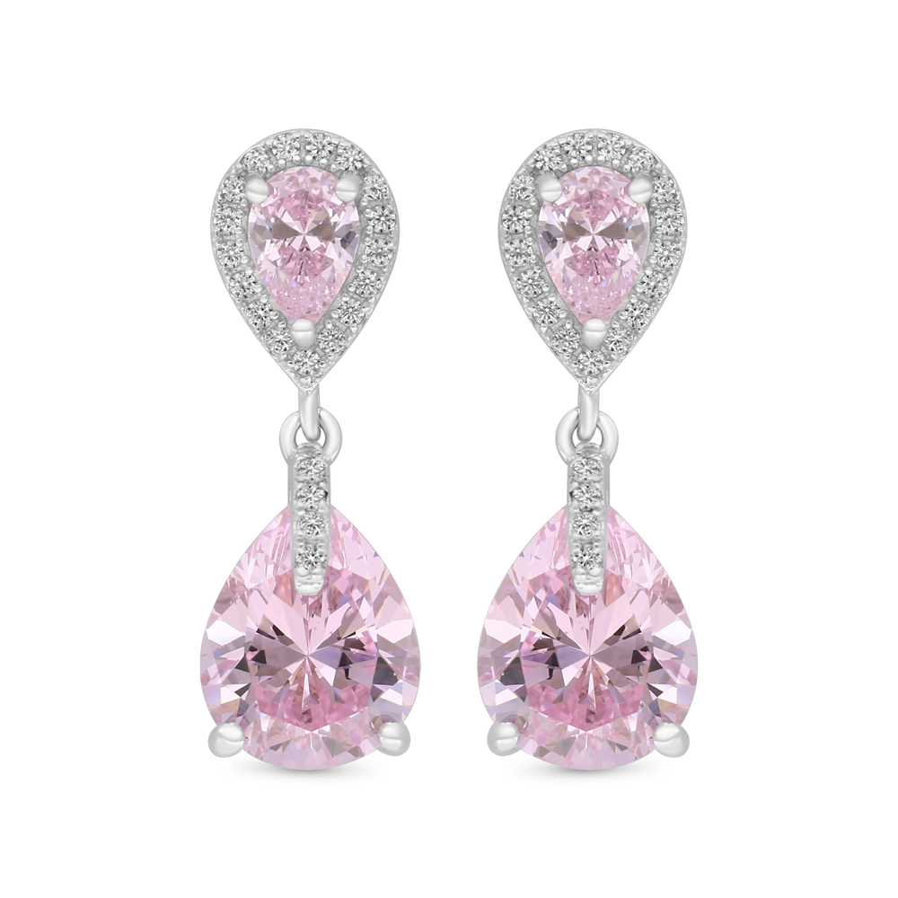 Sterling Silver 925 Earring Rhodium Plated Embedded With pink Zircon And White CZ