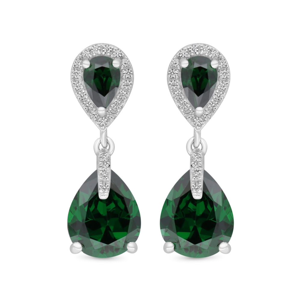 Sterling Silver 925 Earring Rhodium Plated Embedded With Emerald Zircon And White CZ