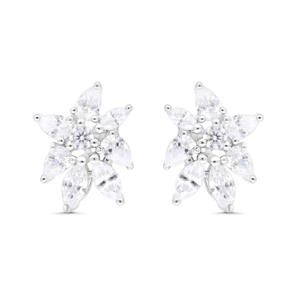 Sterling Silver 925 Earring Rhodium Plated Embedded With White CZ