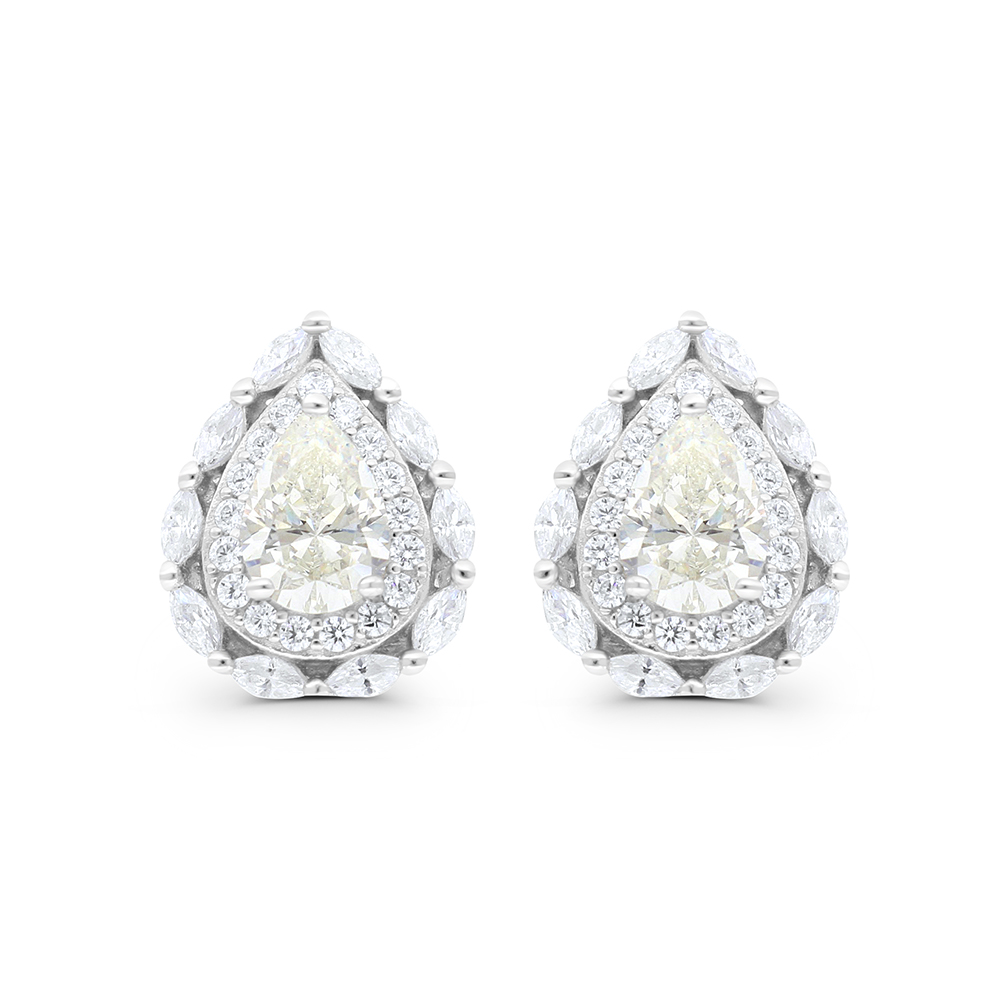 Sterling Silver 925 Earring Rhodium Plated Embedded With Yellow Zircon And White CZ