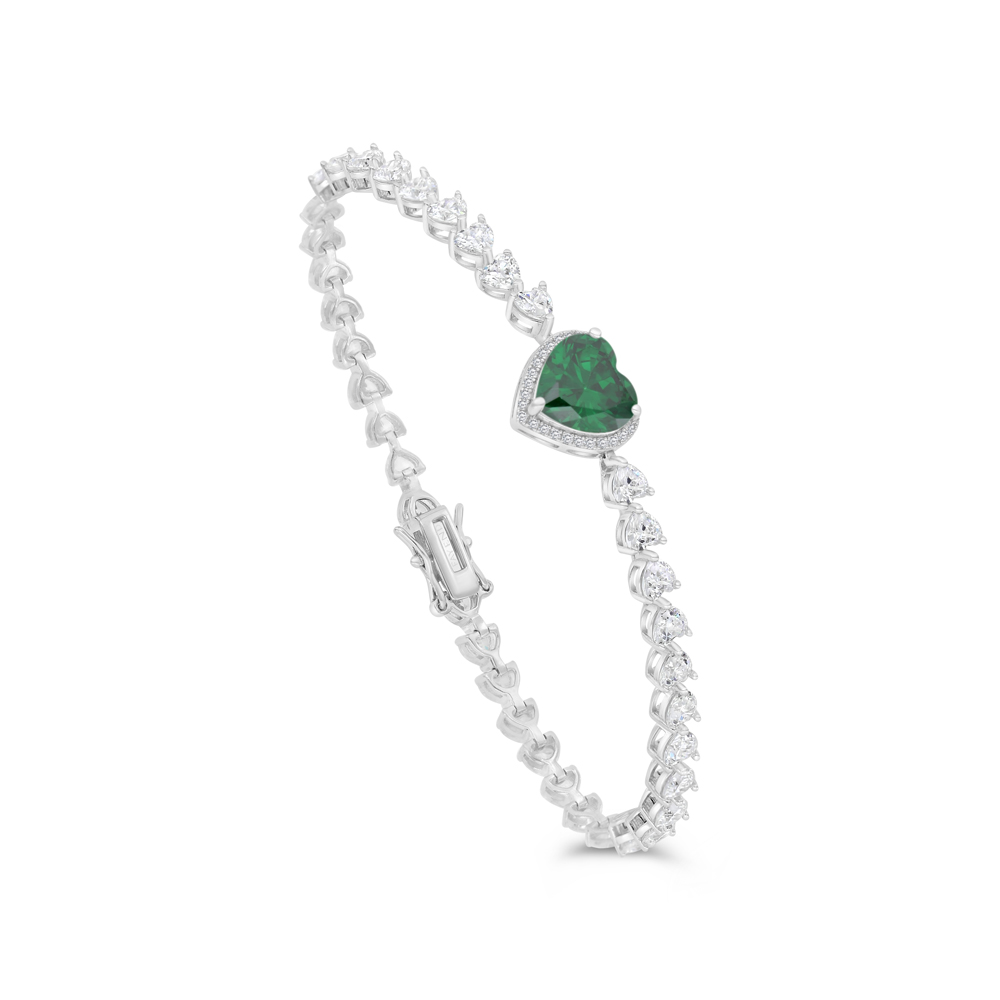 Sterling Silver 925 Bracelet Rhodium Plated Embedded With Emerald Zircon And White CZ