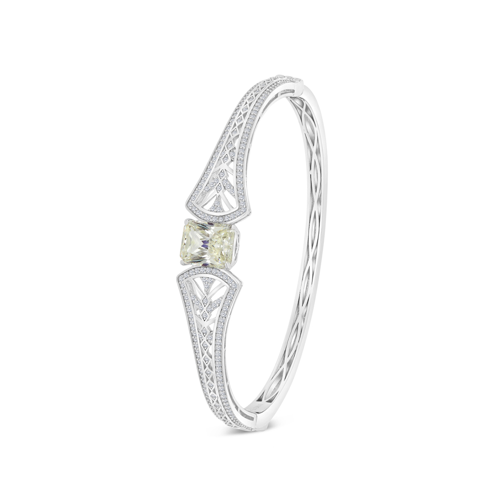 Sterling Silver 925 Bangle Rhodium Plated Embedded With Yellow Zircon And White CZ