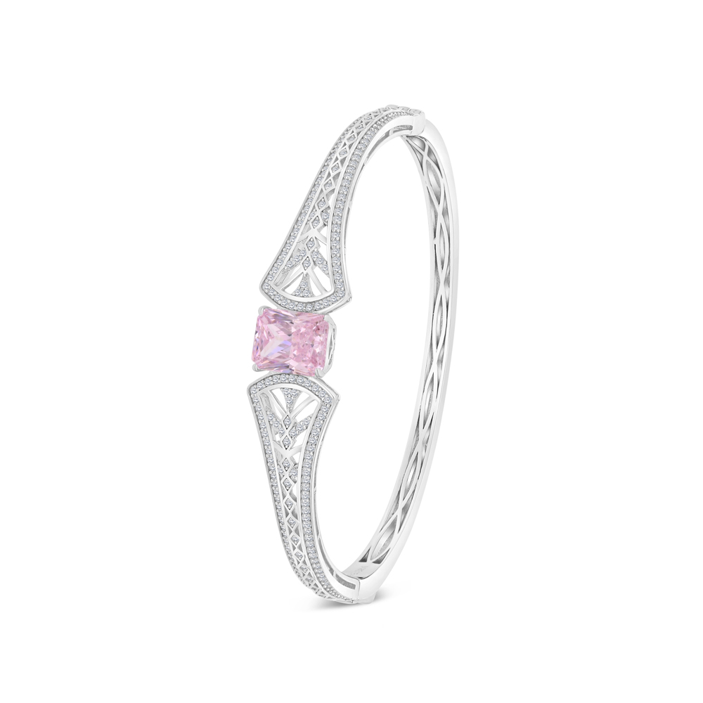 Sterling Silver 925 Bangle Rhodium Plated Embedded With Pink Zircon And White CZ