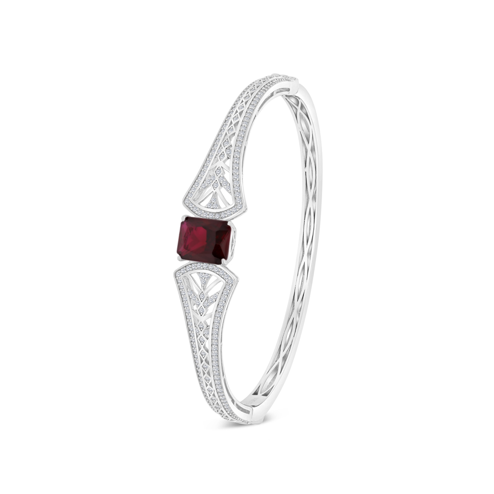 Sterling Silver 925 Bangle Rhodium Plated Embedded With Ruby Corundum And White CZ